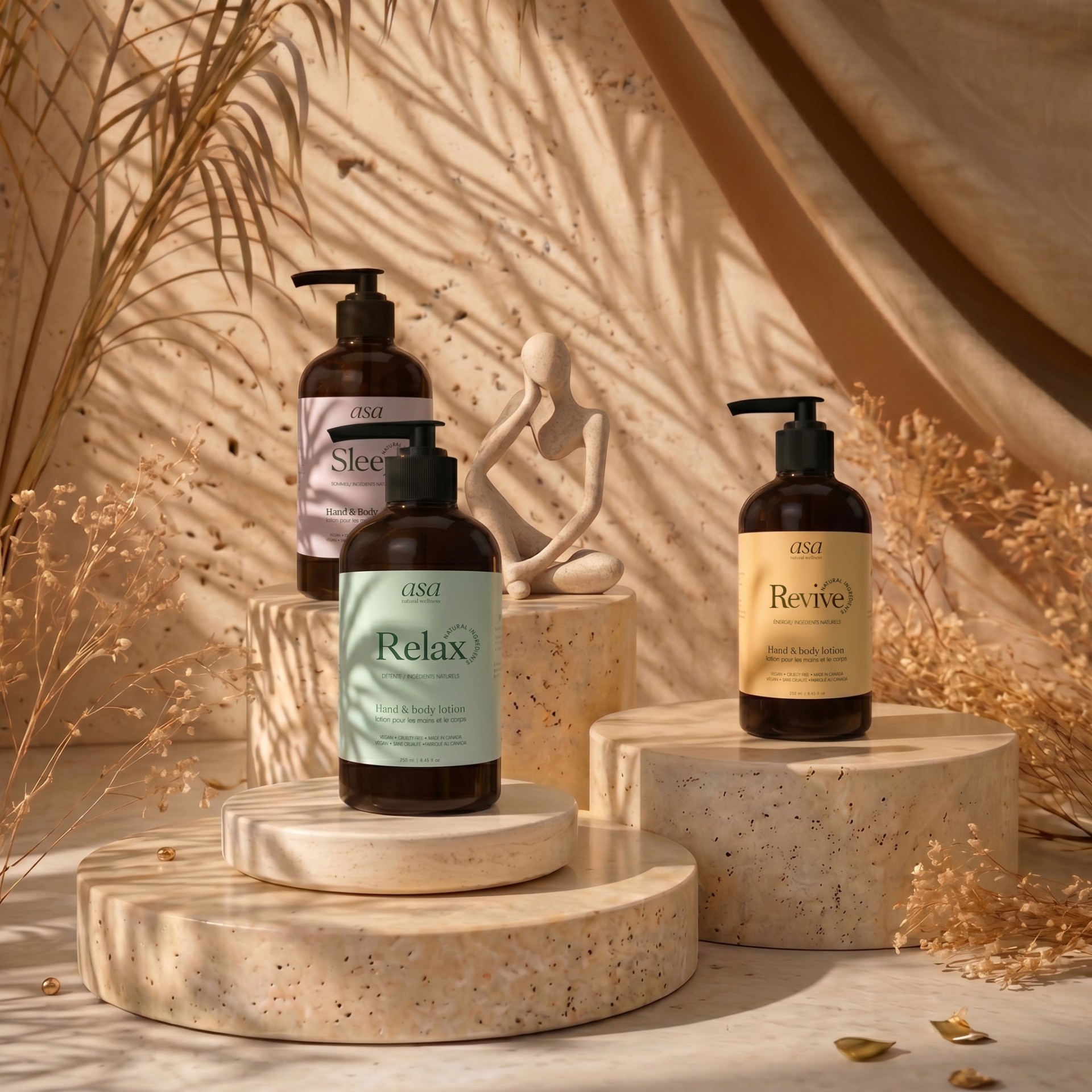 ASA Sleep, Revive and Relax lotions on tiered travertine pedestals