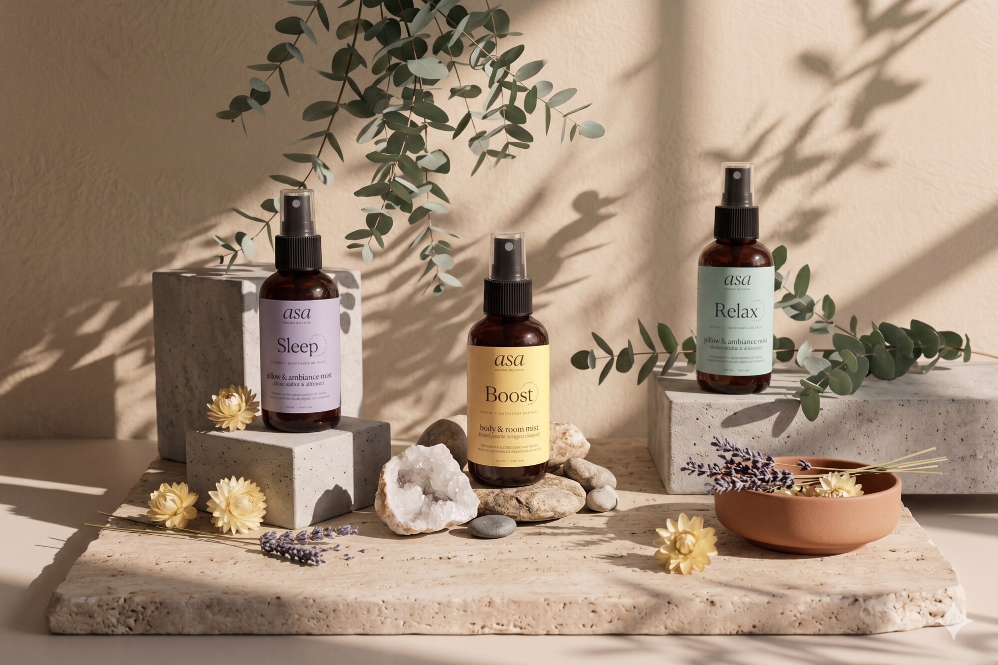 ASA Sleep, Boost and Relax aromatherapy collections styled with fresh eucalyptus branches