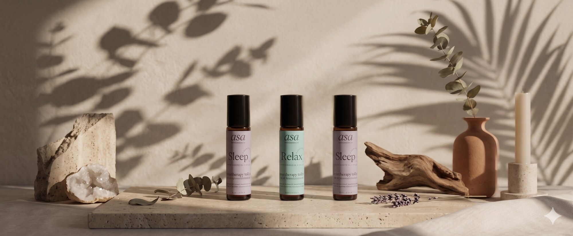 ASA Sleep aromatherapy roll-ons resting on natural driftwood